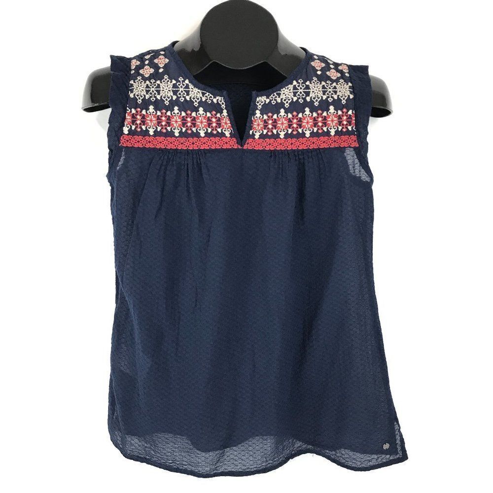 Eddie Bauer Embroidered Sleeveless Top Women’s XS Blue Boho Sheer Ruffle Summer